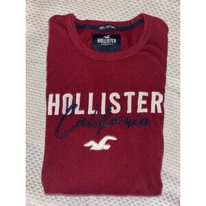 Hollister Men’s Red Long Sleeve Crew Neck Graphic Logo Cotton Knit T-Shirt